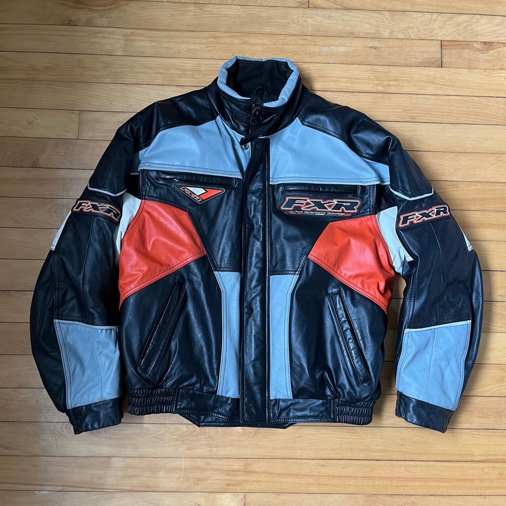 FXR Pure Performance Leather Motorcycle Racing Jacket Black Orange Grey Mens